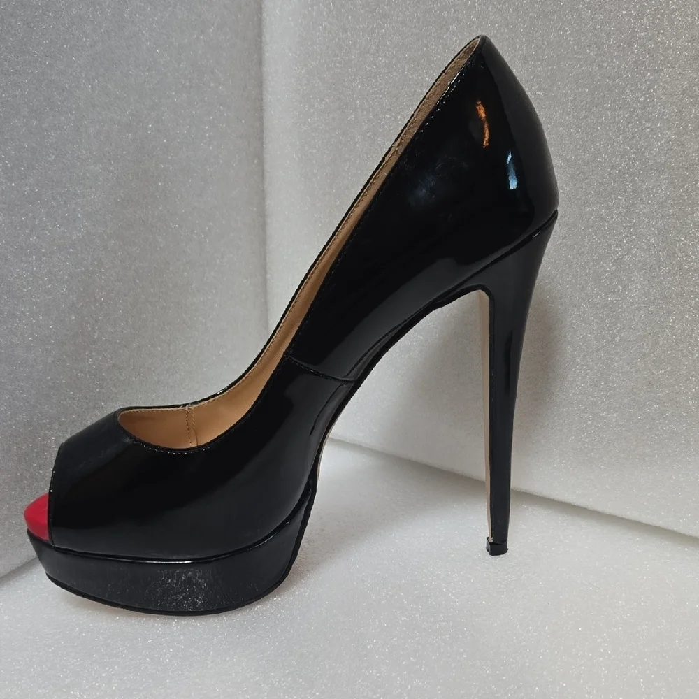 Marumote 6" SHINEY BLACK STILETTOS W/ RED PEEP VALENTINE'S  DIVA 9.5 - Picture 13 of 17